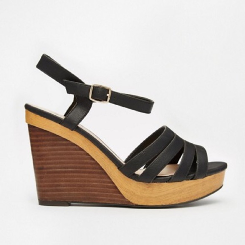 NEW ASOS Wide Fit Leather And Wooden Wedges